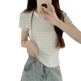 Blue And White Striped Shoulder Short-Sleeved T-Shirt Women's Summer Chic Repair Pure Cotton Basic Inside The T-Shirt