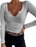 Spring And Winter Pure Color Pit Deep U Collar Long-Sleeved Casual Fashion Women's T-Shirt Spicy