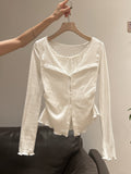Wood Ear Unique Collar Long-Sleeved T-Shirt Women's Fake Two Single Buckle Shirt Early Autumn Wearing V-Neck Bottom Shirt