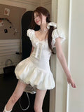 Lace Stitching French Short-Sleeved Dress Women's Summer Bow Ponopne Ponmp Dress Sweet Waist Skirt A Short Skirt