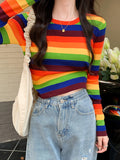 Spring And Autumn 2025 New Korean Version Sweet And Spicy Wind Design Sense Of Small Colling Color Striped Slimming Students Short T-Shirts