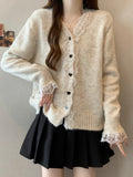 Korean Version Of Loose Lace Splicing V-Neck Sweater Coat Women Autumn Thick Chic Atmosphere Soft Knitting Top
