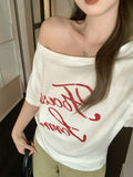 Pure Wind Summer Ootd Wearing An Oblique Shoulder Word Collar Short-Sleeved T-Shirt Female Out-Of-Shoulder Beautiful Letter Print Top