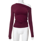 2025 Slanted Shoulder Asymmetrical Solid Umbilical Umbilical Top Long Sleeve Splicing Design
