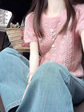Korean Version Of The Design Sclenient Hook Flower Short-Sleeved Knitted Shirt For Women's Summer New Loose Gentle Wind Pink Age Reduction Top