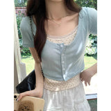 Light Blue Large Round Collar Collar Collar Collar Collar Front Shoulder Half-Sleeved Knitted Cardigan Slime T-Shirt Short-Sleeved Top Summer