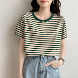 Fresh Green Striped T-Shirt Women's Summer Short-Sleeve 2026 New Loose Round Collar Sympathizes With Niche Clothes