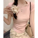 2026 Summer New Dopamine Light Blue Collar Front Shoulder Short Flying Sleeve T-Shirt Folds To The Waist Thin Top Lady