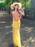 Seaside Holiday Hottie Suit Women Summer Flowers Tsets Tsets Wearing Yellow Mesh Yarn Hips Half-Dress Two-Piece Cover