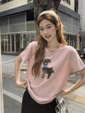 Printed Cartoon Puppy Gray Round Collar Is Shoulder Lanky Lanky Short-Sleeved T-Shirt Summer New Simple Clad Top