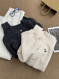 Gentle Retro Kitten Embroidered Round Collar Knitted Cardigan Girl Warm White Klein Blue Sweater Jacket Autumn