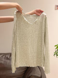 Spring And Autumn French Small Through The Wooden Ear V-Neck Long Sleeves Women Pure Thin Sunscreen Hoodie Loose T-Shirt High-End Feel Top