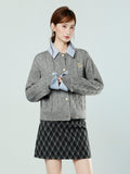 Grey POLO Collared Two Long-Sleeved Knitted Sweater Jacket Bottomed With Spring Blouse Woman