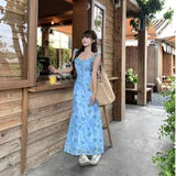 Blue Rose Printed Dress 2025 Summer New Sweet Slim Vacation Style Sleeveless Mid-Sleeve Dress