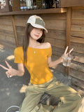 Yellow Texture Inclined Shoulder Short-Sleeved T-Shirt 2026 Summer New Slimming Chic Beauty Small Blouse