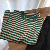 Ins Super Fire Port Wind Striped Short Sleeve T-Shirt Women's Summer Chao Harajuku BF Vintage Chic Half-Sleeved Suited T-Shirt