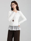 White Hair Thick Hem Lace Long-Sleeved Bottom Shirt Women 2026 Autumn And Winter Folding Thin T-Shirts