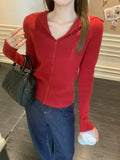 New Year Red V-Neck Long-Sleeved Knitted Open-Shirt Jacket 2026 Spring New Sweet Hottie Temperament Beautiful Top