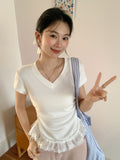 Sweet Hem Lace Splicing Short Sleeves Straight Shoulder T-Shirt 2026 Summer Folding Waist Design Blouse