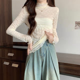 Half-High Collar Long-Sleeved Bottom Shirt T-Shirt Women's Autumn And Winter Lace Wood Ear With Velvet Thick And Stacked Inside And Put On The Top