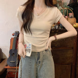 The Design Of The V-Neck Feels The Waist-Skinny Short-Sleeved Cotton T-Shirt Women's Summer Temperament Short-Term Irregularly Set Up On The Shoulder