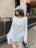 Unique Blue And White Stripes Bump Round Neck Long Sleeve Sunscreen Shirt Women Summer Open Fork Bare Back Pure T-Shirt Small Top