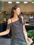 2026 Summer Beautiful Design With A Sense Of Color Stripes Unique Short-Sleeved T-Shirt Women's Oblique Shoulder-To-Shoulder Loose Chic Top