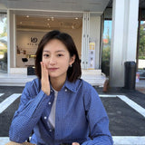 Miu-Style Folding Cotton Classic Blue And White Check-Shirt Women Wear Long-Sleeved Shirts In Four Seasons