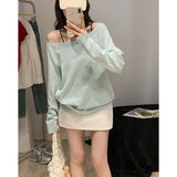 Gray Oblique Shoulder Long-Sleeved T-Shirt Girl Early Autumn Loose Word Shoulder Slack Feeling Hottie Sexy Unique Temperament Blouse