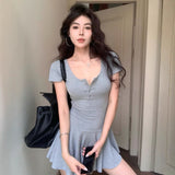 Gray U-Neck Short-Sleeved Dress Woman Summer Small Folded Waist A Skirt Babes Tling Skirt