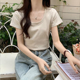 Positive Shoulder Low Round Collar Collar Collar Collar Collar Collar Collar Short Sleeve T-Shirt 2026 New Pure Cotton Slimming U Collar Inside The Top