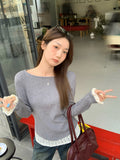 Beautiful Fake Two Lace Splicing Hem Long-Sleeved T-Shirt Girl Spring Folds To Pick Up Thin Inside The Top