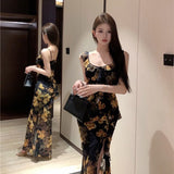 French Lotus Foliage Crumice Sling Dress Women's Summer Timetie Dress Open Fork To Pack Hip Skirt