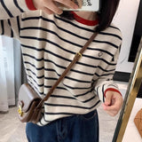 Crash Black And Blue Striped Smiley Face Sweater Woman In Autumn Wearing A Soft Knitted Jersey T-Shirt Lazy Round Collar Top