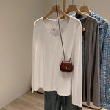 White Shoulder U Collar Long-Sleeved T-Shirt Women In The Early Autumn To Take A Loose Lazy Wind Feel To Wear A Bottom Shirt