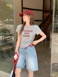 Korean White T-Shirt Women's New Summer Round Collar Front Shoulder Letter Printing Design Feel Loose With Short-Sleeved Top