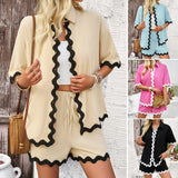 Dili Women's Clothing 2025 Spring And Summer Leisure Holiday Wind Solid Color Lace Shirt Shorts Set
