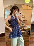 French Hanging Neck Broken Flower V-Neck Vest Shirt Women's Summer Skirt Throttling Waist Shirt Chic Sweet Spicy Small Top