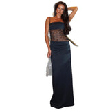 New Lace-Word Shoulder Slings Body Open Fork Dress Sexy Splicing Hollow Perspective Dress
