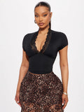 Ins Pure Passion Hottie Lace Splicing V-Neck Short-Sleeved T-Shirt Royal Sister Temperament Sexy Waist Short Top