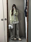 Korean Early Autumn Atmosphere Wearing A Green Collar Buckle Knit Shirt Sweater Women's Loose Coat Top