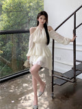 Hanging Neck Fairy Gas Rice White Long-Sleeved Dress Women Spring And Autumn Small Pure Lust High-End Cake Skirt Skirt Short Skirt