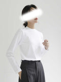 Simple Cotton Small Collar T-Shirt Women Long Sleeve Suture Commuting Loose Thin Half High School Jersey Top