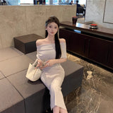 Slanted Collared Shoulder Sexy Waist Temperament Folded Dress French Dress Long Dress Summer Senior Sense