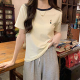 Design-Sensitive Small Embroidered Short-Sleeved Top Women 2026 Summer New Waffle Round Collar Straight Shoulder T-Shirts