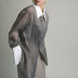 Spring And Summer New Sun Protection Top Temperament French Fashion Slench Gray Retro Loose Shirt Woman
