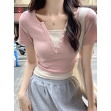 Fake Two V-Necks Front Shoulder Short-Sleeved T-Shirt Girl Spring And Summer New Splicing Bump Into The Color Of The Tight-D-Up Hot Girl Short Small Top