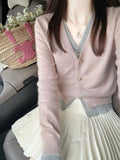 Sweet And Comfortable French Small Scented Fake Two V-Neck Knitted Cardigan Design Sweater Small Pink Top