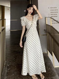 French Wave Point Bubble Sleeve Dress Women's Summer Seaside Vacation Gentle Wind Waist Temperament Unique Beautiful Dress