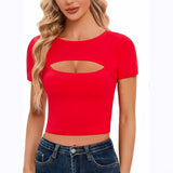 2025 Summer New Round Neck Casual Sexy Solid-Colored Bare-Necked Women's Short-Sleeved T-Shirt